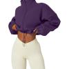 QINSEN Women’s Full Zip Fleece Short Jacket Warm Winter Long Sleeve Stand Collar Sherpa Crop Coat(Purple)