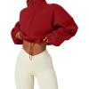 QINSEN Women’s Full Zip Fleece Short Jacket Warm Winter Long Sleeve Stand Collar Sherpa Crop Coat(Red)