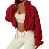 QINSEN Women’s Full Zip Fleece Short Jacket Warm Winter Long Sleeve Stand Collar Sherpa Crop Coat(Red)