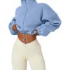 QINSEN Women’s Full Zip Fleece Short Jacket Warm Winter Long Sleeve Stand Collar Sherpa Crop Coat(Sky Blue)