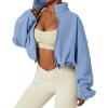 QINSEN Women’s Full Zip Fleece Short Jacket Warm Winter Long Sleeve Stand Collar Sherpa Crop Coat(Sky Blue)