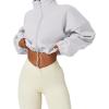 QINSEN Women’s Full Zip Fleece Short Jacket Warm Winter Long Sleeve Stand Collar Sherpa Crop Coat(White)