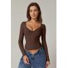 QINSEN Womens Long Sleeve Twist Front V Neck T Shirts Double Lined Slim Fit Trendy Top Tee(Brown)