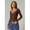 QINSEN Womens Long Sleeve Twist Front V Neck T Shirts Double Lined Slim Fit Trendy Top Tee(Brown)