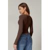 QINSEN Womens Long Sleeve Twist Front V Neck T Shirts Double Lined Slim Fit Trendy Top Tee(Brown)
