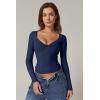 QINSEN Womens Long Sleeve Twist Front V Neck T Shirts Double Lined Slim Fit Trendy Top Tee(Estate Blue)