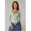 QINSEN Womens Long Sleeve Twist Front V Neck T Shirts Double Lined Slim Fit Trendy Top Tee(Green)