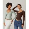 QINSEN Womens Long Sleeve Twist Front V Neck T Shirts Double Lined Slim Fit Trendy Top Tee(Green)