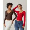 QINSEN Womens Long Sleeve Twist Front V Neck T Shirts Double Lined Slim Fit Trendy Top Tee(Red)