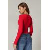 QINSEN Womens Long Sleeve Twist Front V Neck T Shirts Double Lined Slim Fit Trendy Top Tee(Red)