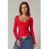 QINSEN Womens Long Sleeve Twist Front V Neck T Shirts Double Lined Slim Fit Trendy Top Tee(Red)