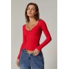 QINSEN Womens Long Sleeve Twist Front V Neck T Shirts Double Lined Slim Fit Trendy Top Tee(Red)