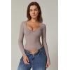 QINSEN Womens Long Sleeve Twist Front V Neck T Shirts Double Lined Slim Fit Trendy Top Tee(Warm Taupe)