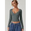 QINSEN Women’s Long Sleeve V Neck T Shirts Double Lined Crop Top Seamed Cup Going Out Tops(Army Green)