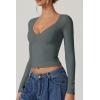 QINSEN Women’s Long Sleeve V Neck T Shirts Double Lined Crop Top Seamed Cup Going Out Tops(Army Green)