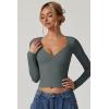QINSEN Women’s Long Sleeve V Neck T Shirts Double Lined Crop Top Seamed Cup Going Out Tops(Army Green)