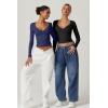 QINSEN Women’s Long Sleeve V Neck T Shirts Double Lined Crop Top Seamed Cup Going Out Tops(Black)