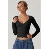 QINSEN Women’s Long Sleeve V Neck T Shirts Double Lined Crop Top Seamed Cup Going Out Tops(Black)