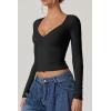 QINSEN Women’s Long Sleeve V Neck T Shirts Double Lined Crop Top Seamed Cup Going Out Tops(Black)