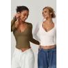 QINSEN Women’s Long Sleeve V Neck T Shirts Double Lined Crop Top Seamed Cup Going Out Tops(Capulet Olive)