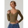 QINSEN Women’s Long Sleeve V Neck T Shirts Double Lined Crop Top Seamed Cup Going Out Tops(Capulet Olive)