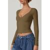 QINSEN Women’s Long Sleeve V Neck T Shirts Double Lined Crop Top Seamed Cup Going Out Tops(Capulet Olive)