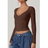 QINSEN Women’s Long Sleeve V Neck T Shirts Double Lined Crop Top Seamed Cup Going Out Tops(Coffee Bean)