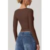 QINSEN Women’s Long Sleeve V Neck T Shirts Double Lined Crop Top Seamed Cup Going Out Tops(Coffee Bean)