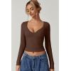 QINSEN Women’s Long Sleeve V Neck T Shirts Double Lined Crop Top Seamed Cup Going Out Tops(Coffee Bean)