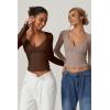 QINSEN Women’s Long Sleeve V Neck T Shirts Double Lined Crop Top Seamed Cup Going Out Tops(Coffee Bean)