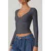 QINSEN Women’s Long Sleeve V Neck T Shirts Double Lined Crop Top Seamed Cup Going Out Tops(Dark Grey)