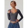 QINSEN Women’s Long Sleeve V Neck T Shirts Double Lined Crop Top Seamed Cup Going Out Tops(Dark Grey)