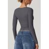 QINSEN Women’s Long Sleeve V Neck T Shirts Double Lined Crop Top Seamed Cup Going Out Tops(Dark Grey)