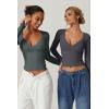 QINSEN Women’s Long Sleeve V Neck T Shirts Double Lined Crop Top Seamed Cup Going Out Tops(Dark Grey)