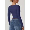 QINSEN Women’s Long Sleeve V Neck T Shirts Double Lined Crop Top Seamed Cup Going Out Tops(Estate Blue)