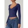 QINSEN Women’s Long Sleeve V Neck T Shirts Double Lined Crop Top Seamed Cup Going Out Tops(Estate Blue)