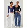 QINSEN Women’s Long Sleeve V Neck T Shirts Double Lined Crop Top Seamed Cup Going Out Tops(Estate Blue)