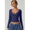 QINSEN Women’s Long Sleeve V Neck T Shirts Double Lined Crop Top Seamed Cup Going Out Tops(Estate Blue)