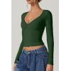 QINSEN Women’s Long Sleeve V Neck T Shirts Double Lined Crop Top Seamed Cup Going Out Tops(Forest Green)