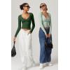 QINSEN Women’s Long Sleeve V Neck T Shirts Double Lined Crop Top Seamed Cup Going Out Tops(Forest Green)