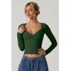 QINSEN Women’s Long Sleeve V Neck T Shirts Double Lined Crop Top Seamed Cup Going Out Tops(Forest Green)
