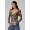 QINSEN Women’s Long Sleeve V Neck T Shirts Double Lined Crop Top Seamed Cup Going Out Tops(Leopard Print)