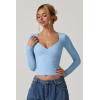 QINSEN Women’s Long Sleeve V Neck T Shirts Double Lined Crop Top Seamed Cup Going Out Tops(Light Blue)