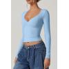 QINSEN Women’s Long Sleeve V Neck T Shirts Double Lined Crop Top Seamed Cup Going Out Tops(Light Blue)