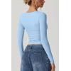 QINSEN Women’s Long Sleeve V Neck T Shirts Double Lined Crop Top Seamed Cup Going Out Tops(Light Blue)