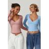 QINSEN Women’s Long Sleeve V Neck T Shirts Double Lined Crop Top Seamed Cup Going Out Tops(Light Blue)