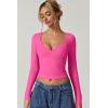 QINSEN Women’s Long Sleeve V Neck T Shirts Double Lined Crop Top Seamed Cup Going Out Tops(Magenta)