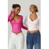 QINSEN Women’s Long Sleeve V Neck T Shirts Double Lined Crop Top Seamed Cup Going Out Tops(Magenta)