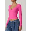 QINSEN Women’s Long Sleeve V Neck T Shirts Double Lined Crop Top Seamed Cup Going Out Tops(Magenta)