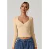 QINSEN Women’s Long Sleeve V Neck T Shirts Double Lined Crop Top Seamed Cup Going Out Tops(Marzipan)